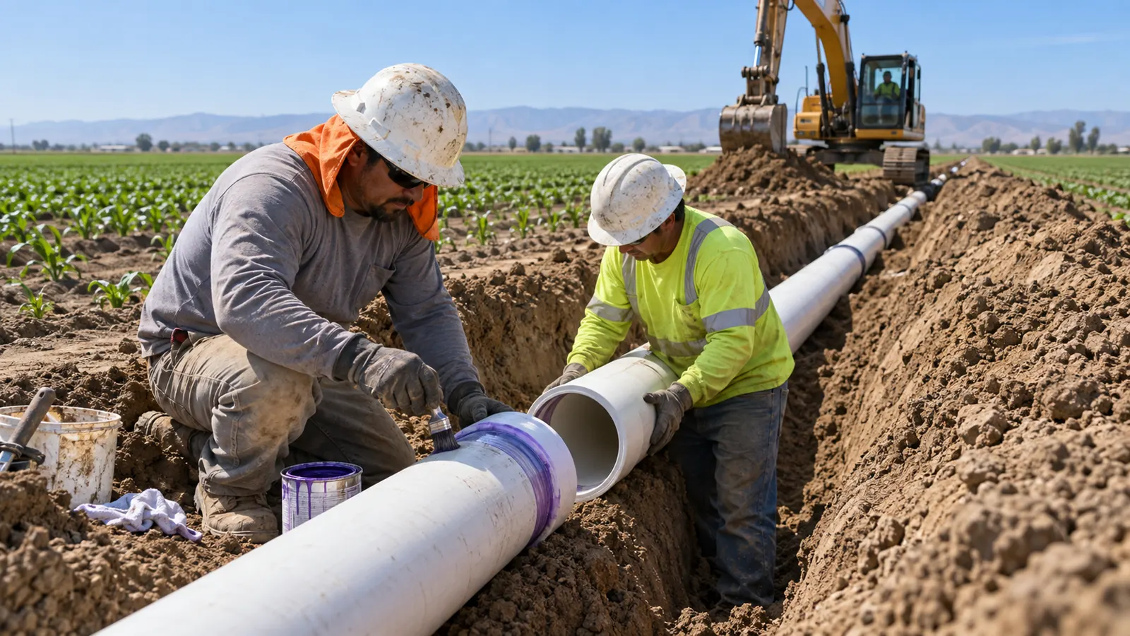 Two workers in hard hats join a length of white PVC mainline in an open trench beside a young row crop, an excavator behind them.