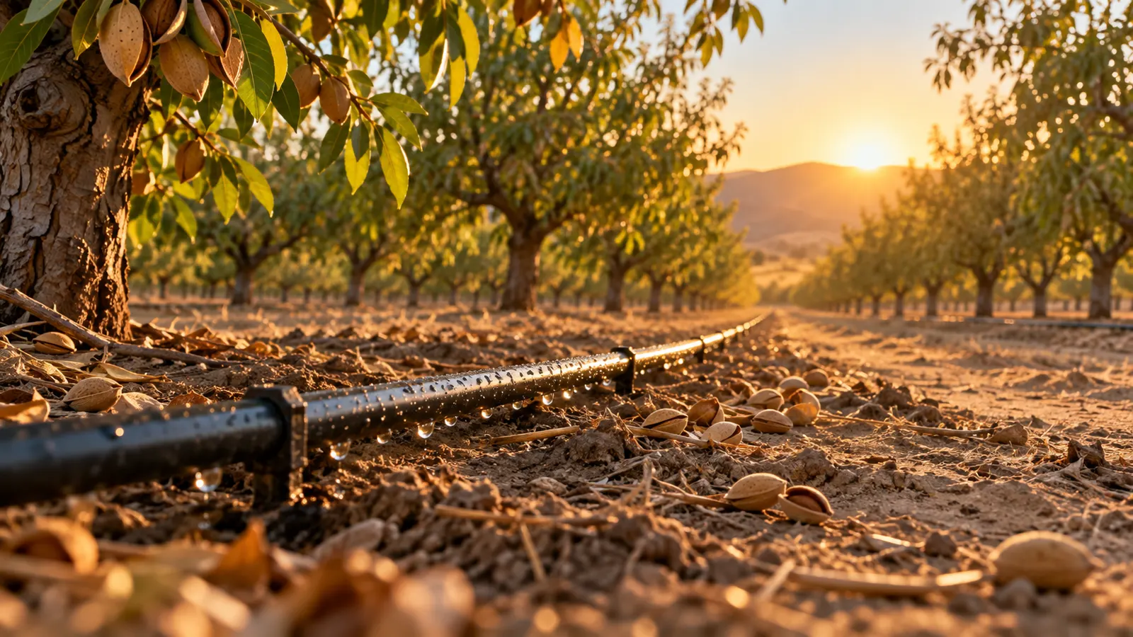 Close to the ground in an almond orchard at low sun: black drip tubing beaded with water runs down the row past fallen almonds.