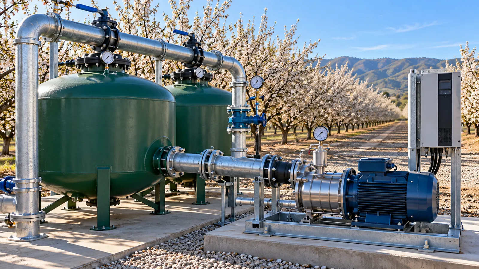 Two green sand media filter tanks piped in galvanized steel to an electric booster pump and control panel on a concrete pad, almond trees in bloom behind.