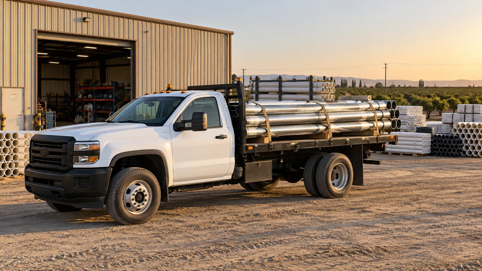 A white flatbed truck loaded with aluminum pipe in a dirt yard, stacks of white PVC pipe around it and a metal shop building with its door open.